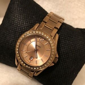 Fossil Mini Riley Rose Gold Tone Watch with Date & Swarovski Crystal Bezel